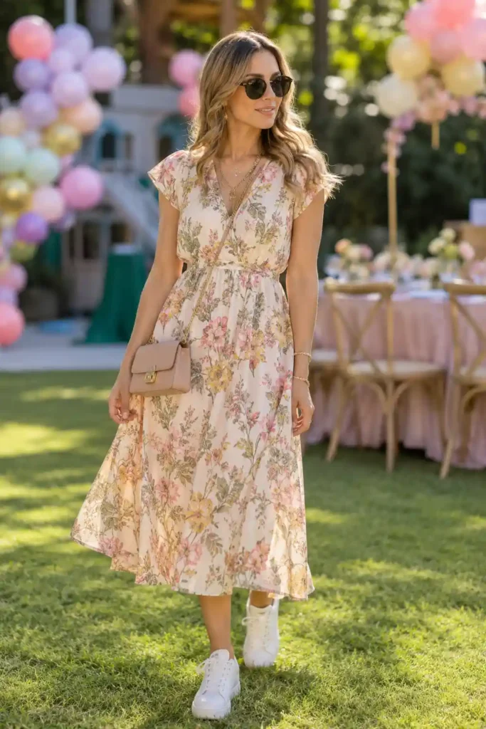 2. Floral Midi Dress with White Sneakers