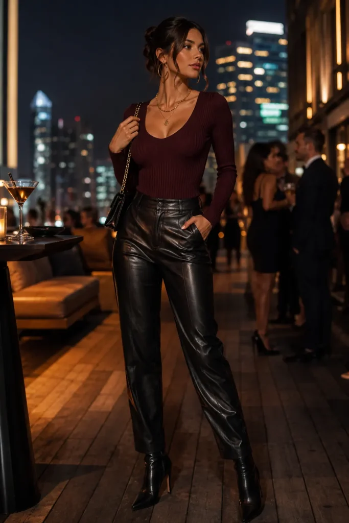 3. Ribbed Bodysuit with Faux Leather Pants