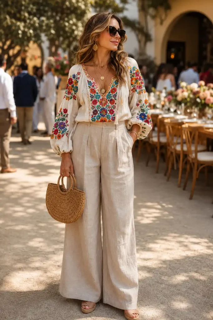 5. Peasant Top with Wide-Leg Linen Pants