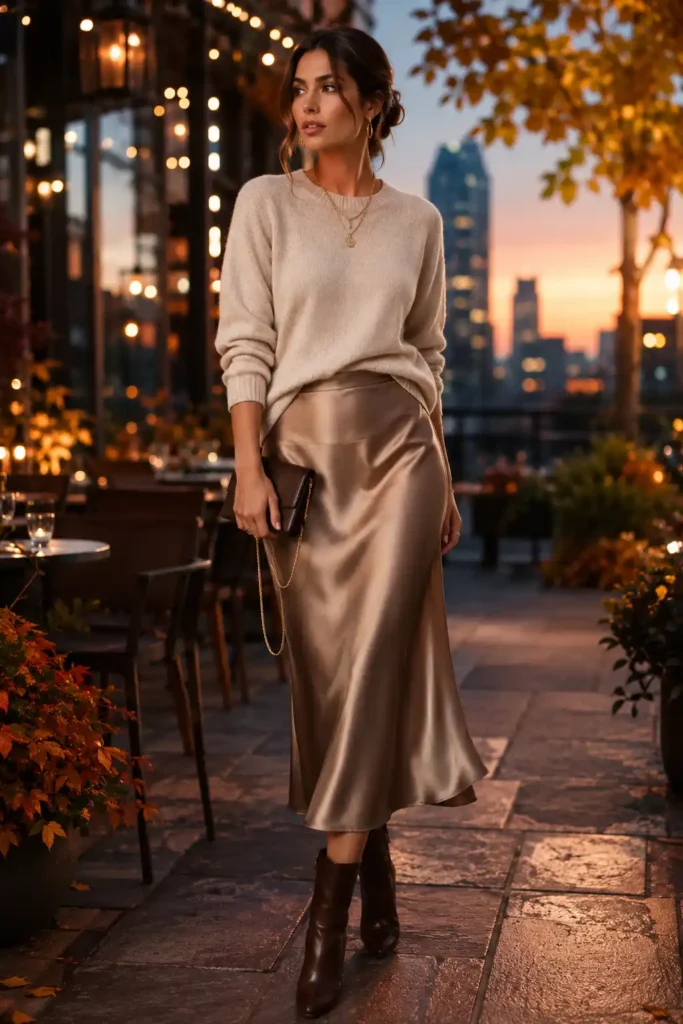 5. Satin Midi Skirt with a Knit Top