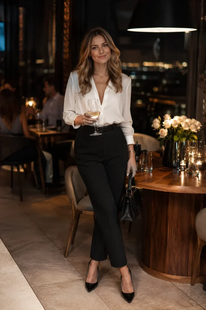 5. White Blouse with Black Trousers