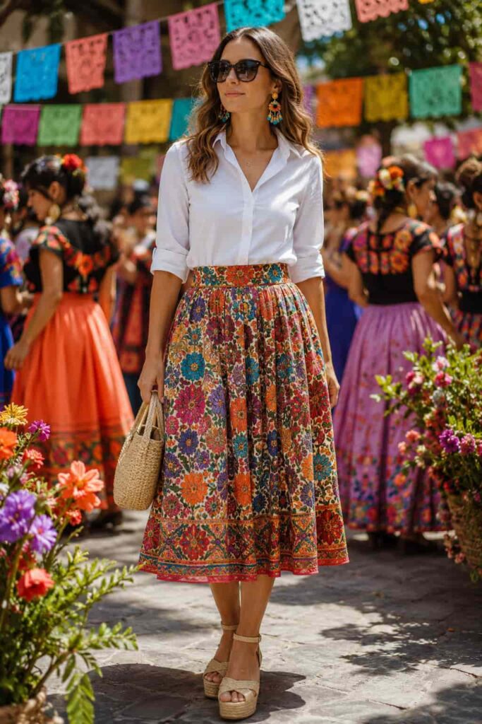 7. White Cotton Blouse with a Midi Skirt